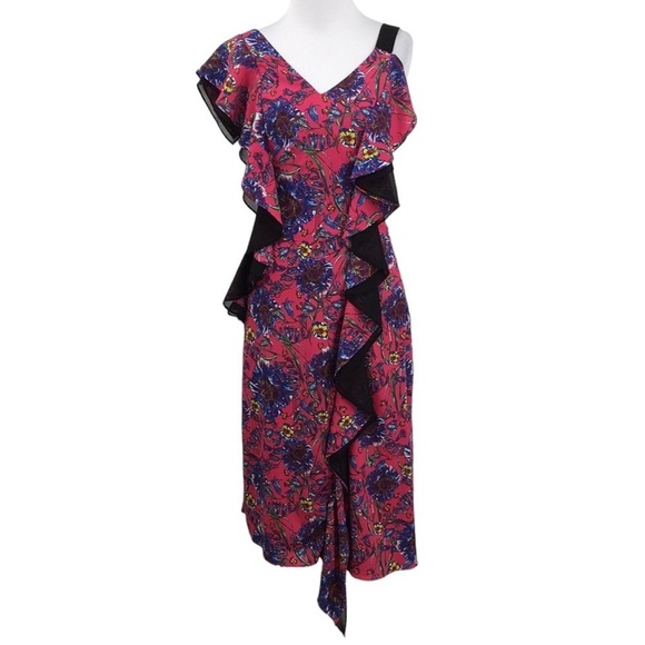 Prabal Gurung Collective Midi Dress‎ Womens 0 Pink Blue Floral Ruffle Boho - Picture 1 of 14